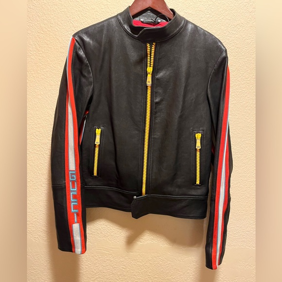 New Gucci Logo Leather Bomber Jacket Size 48 / US L - Picture 16 of 16